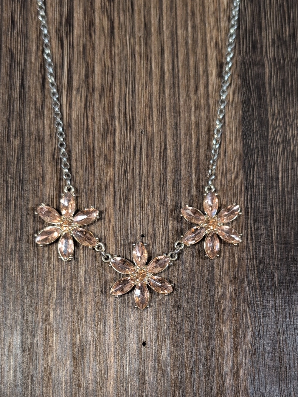 Delicate Silver Tone Pink Crystal Flower Necklace Floral Motif